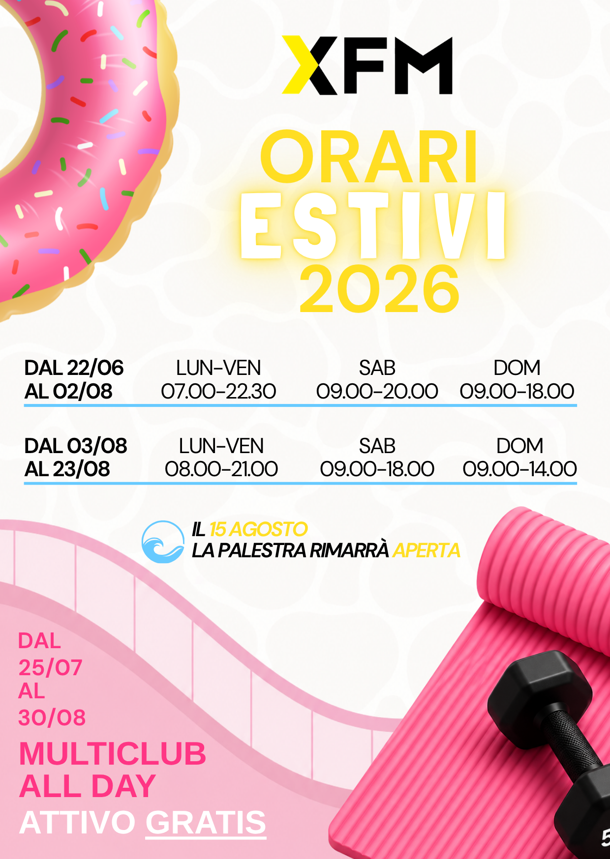 Orari estivi 2026 della Palestra Performance in centro a Bologna, sempre aperta anche il 15 agosto